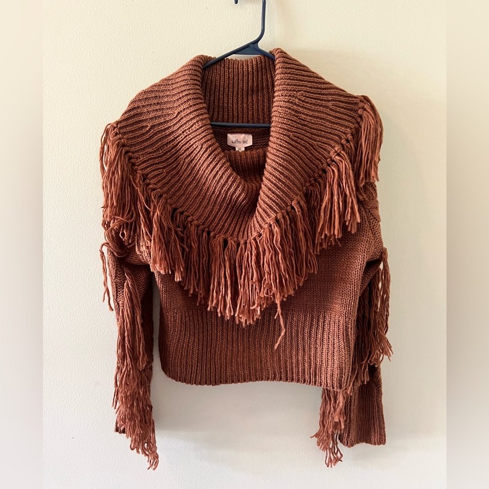 Willow-Root from Buckle, size XL, off the shoulder/cowl neck fringe sweater